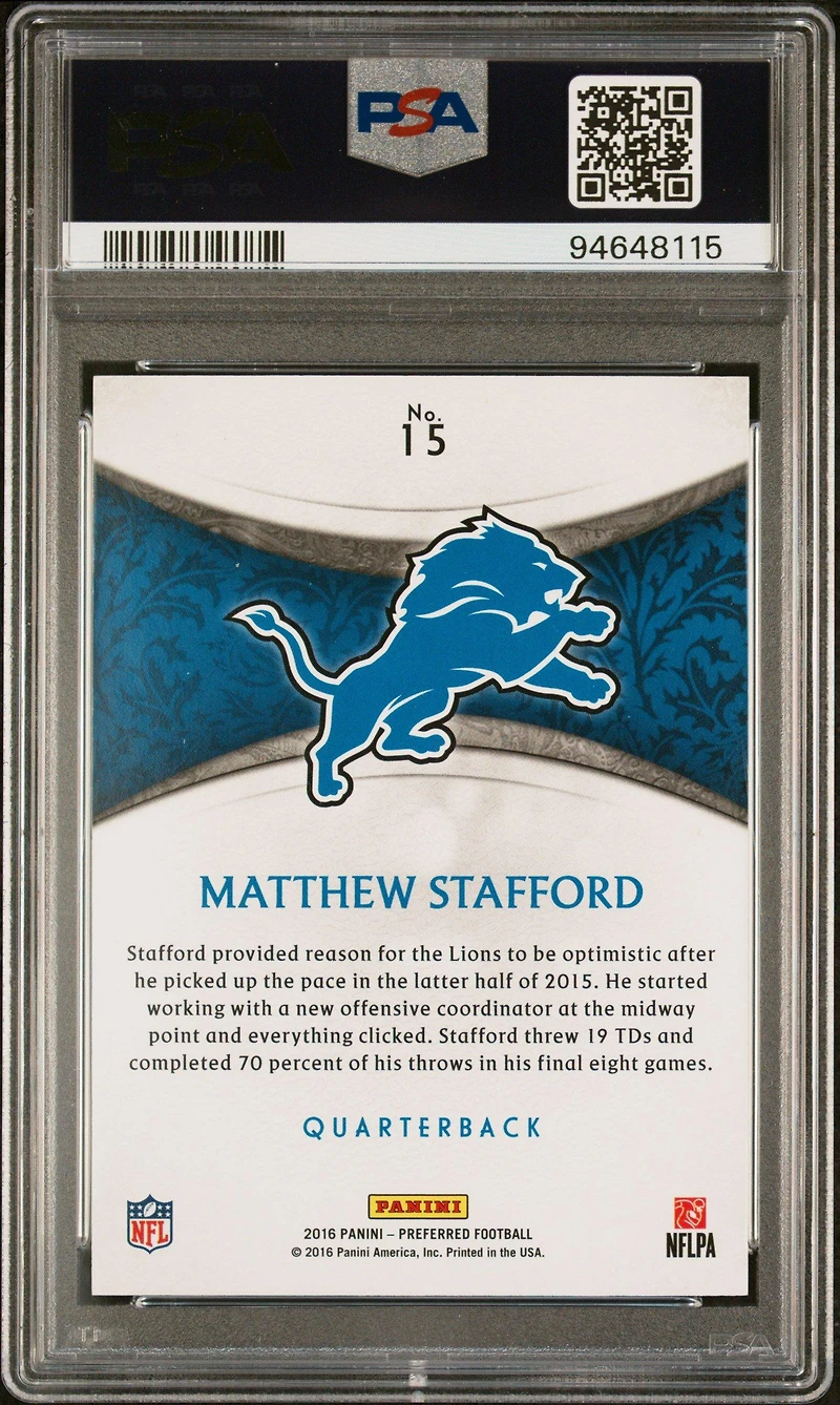 2016 Panini Crown Royale 15 Matthew Stafford Bronze PSA 10