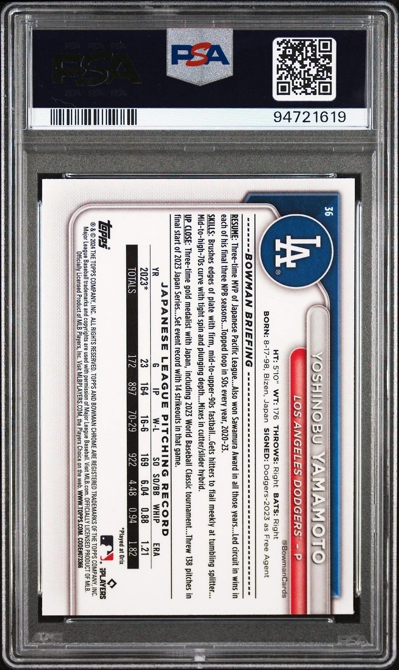 2024 Bowman Mega Box Chrome 36 Yoshinobu Yamamoto PSA 10