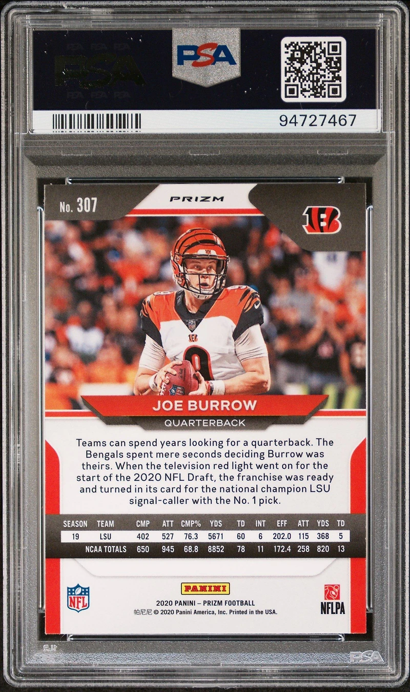 2020 Panini Prizm 307 Joe Burrow Disco Prizm PSA 10