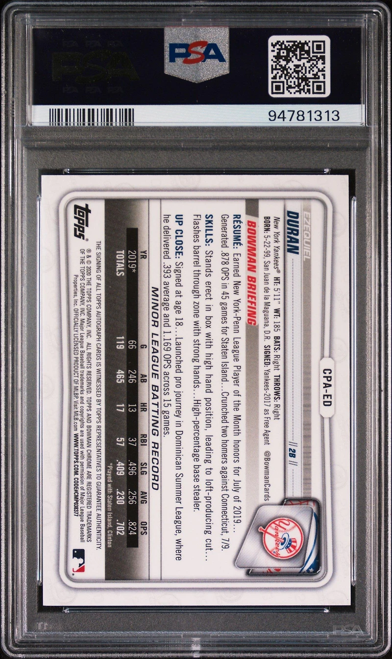 2020 Bowman Chrome Prospect Autographs Cpaed Ezequiel Duran Orange Shimmer PSA 10