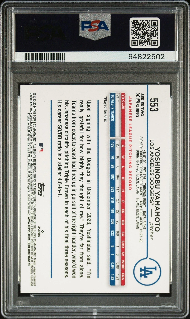 2024 Topps 553 Yoshinobu Yamamoto PSA 10
