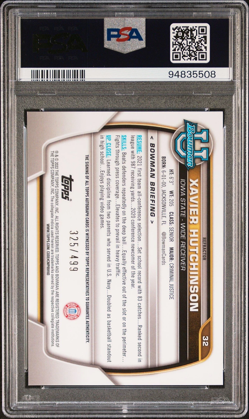 2022 Bowman University Chrome Prospects 32 Xavier Hutchinson Autograph-refractor PSA 10