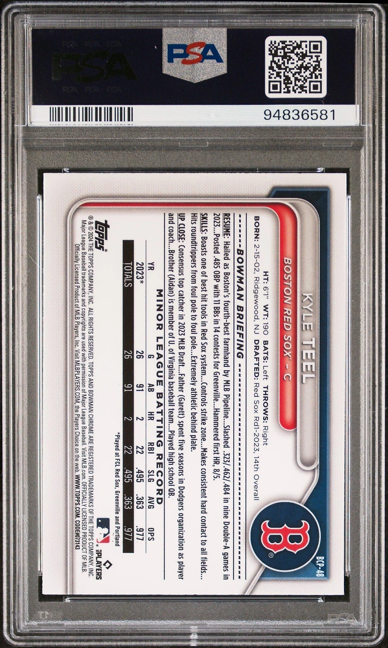 2024 Bowman Chrome Prospects Bcp48 Kyle Teel Aqua Shimmer Refractor PSA 10
