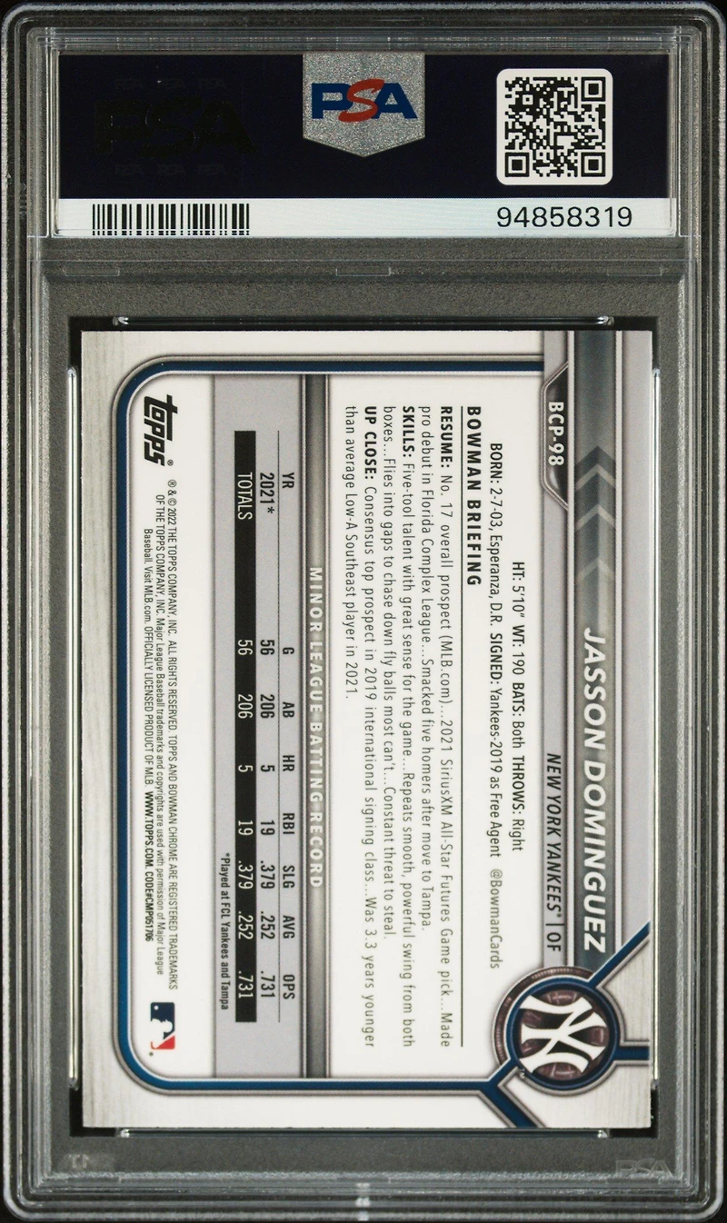 2022 Bowman Chrome Prospects Bcp98 Jasson Dominguez PSA 10