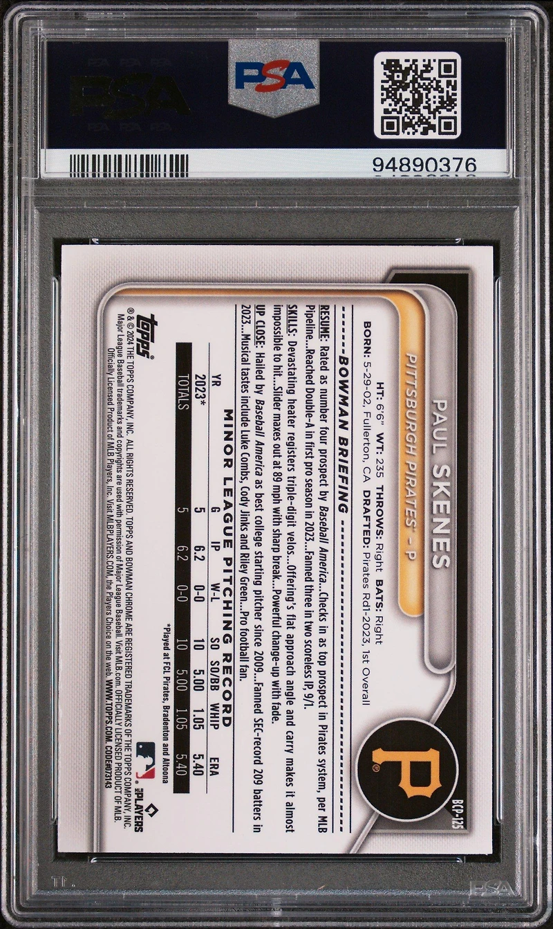 2024 Bowman Chrome Prospects Bcp125 Paul Skenes Blue Refractor PSA 10