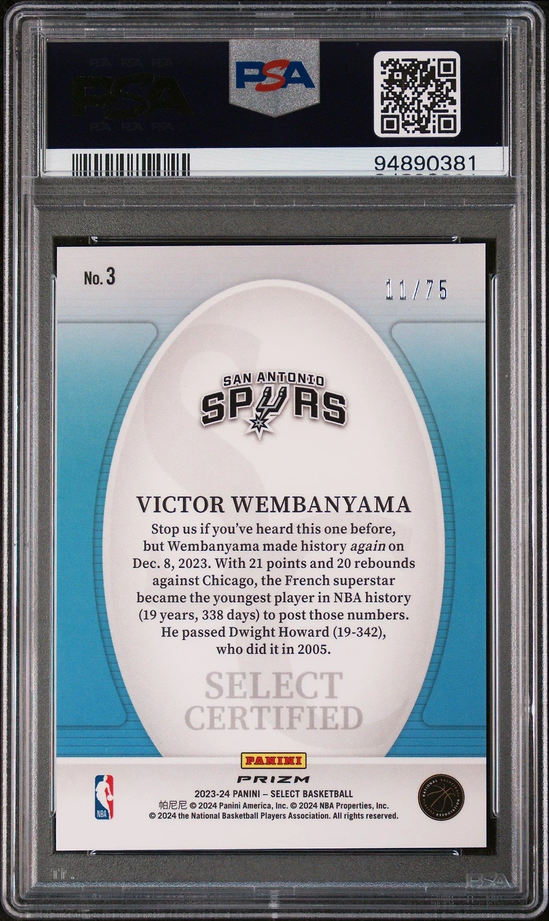 2023 Panini Select Select Certified 3 Victor Wembanyama Purple Cracked Ice PSA 10