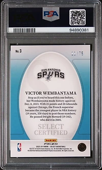 2023 Panini Select Select Certified 3 Victor Wembanyama Purple Cracked Ice PSA 10