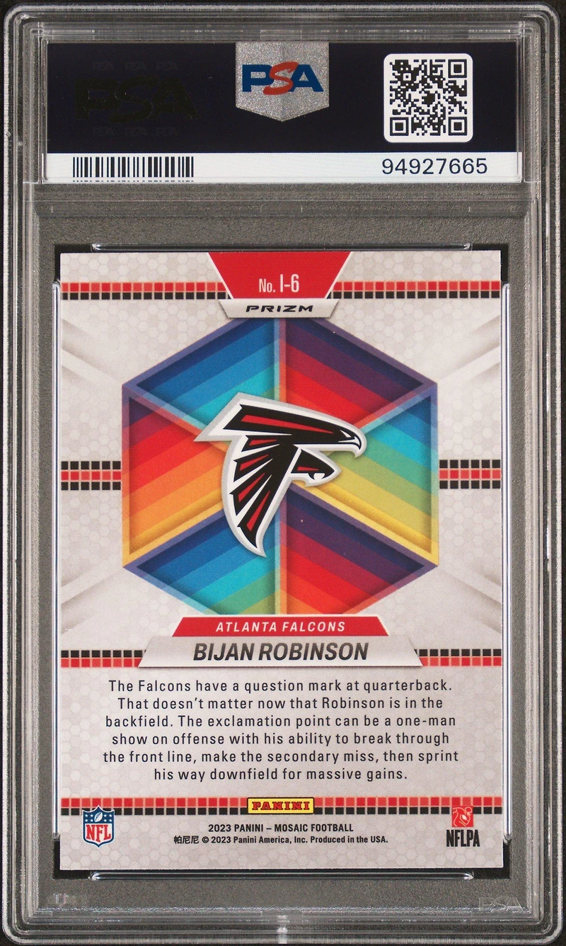 2023 Panini Mosaic Introductions I6 Bijan Robinson No Huddle Silver PSA 10