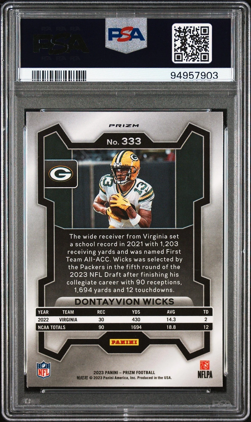 2023 Panini Prizm 333 Dontayvion Wicks Red Sparkle PSA 9