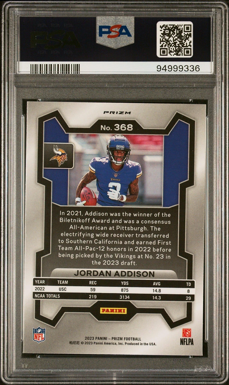 2023 Panini Prizm 368 Jordan Addison Disco Prizm PSA 9