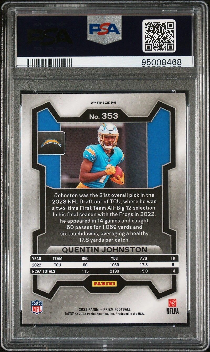 2023 Panini Prizm 353 Quentin Johnston Green Prizm PSA 9