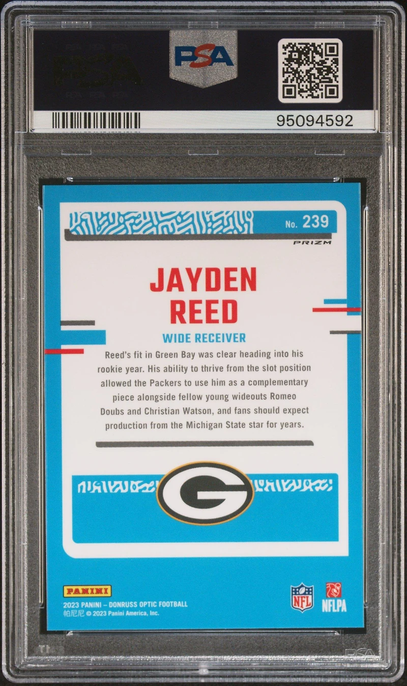 2023 Panini Donruss Optic 239 Jayden Reed Blue Hyper PSA 10