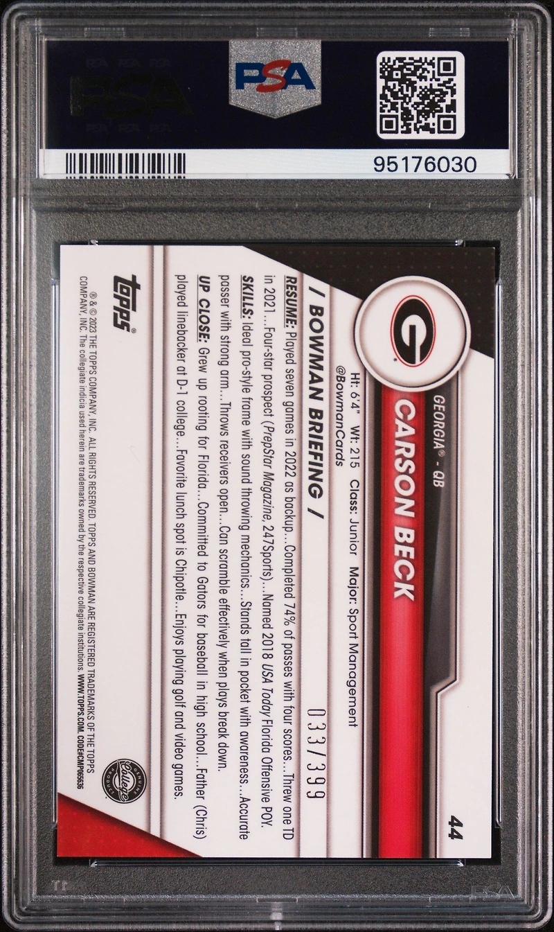 2023 Bowman University Chrome 44 Carson Beck Purple Refractor PSA 10