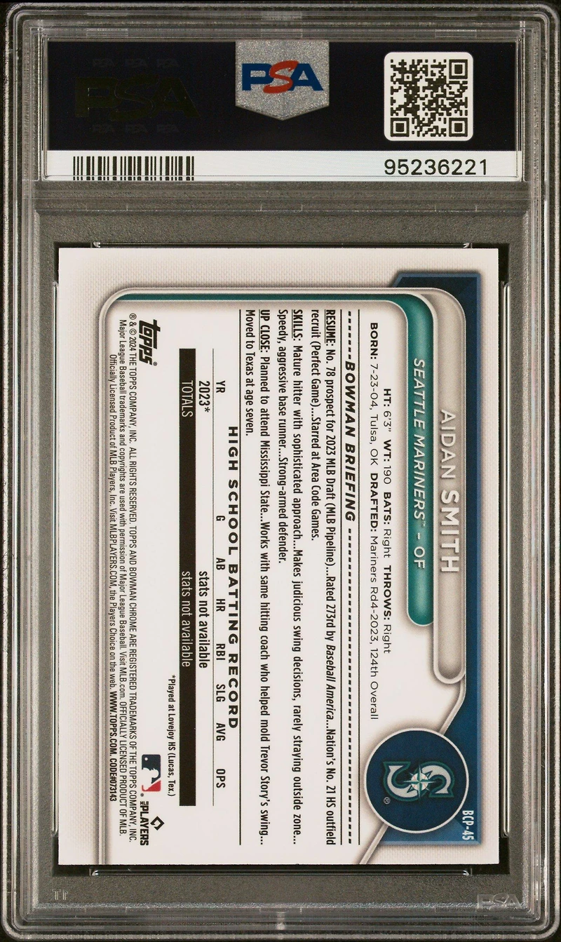 2024 Bowman Sapphire Edition Chrome Prospects Bcp45 Aidan Smith Yellow PSA 10