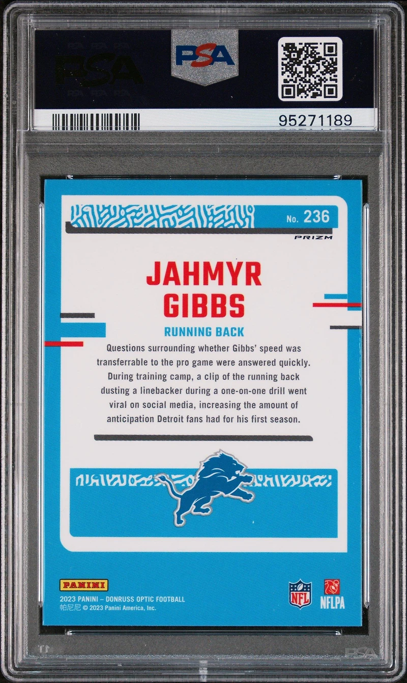 2023 Panini Donruss Optic 236 Jahmyr Gibbs Green Hyper PSA 10
