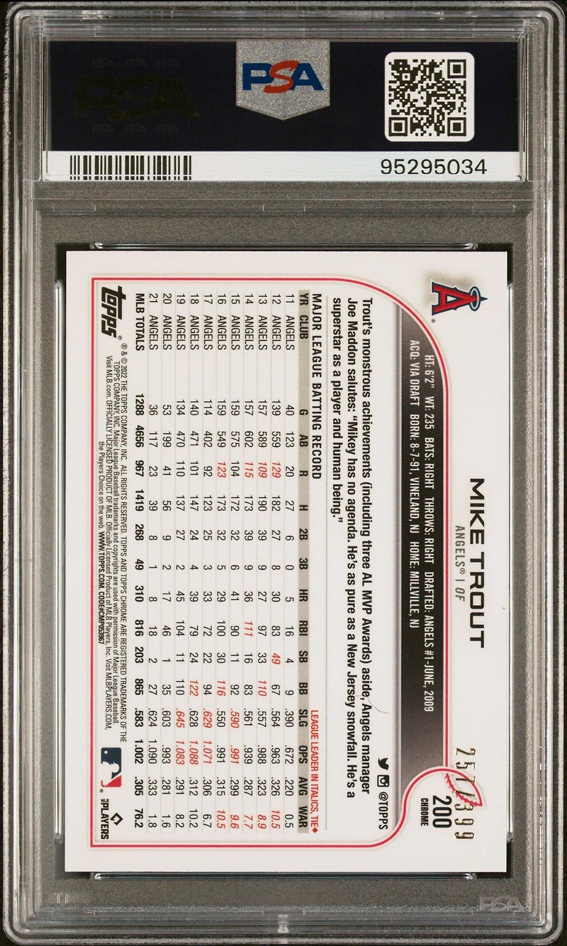 2022 Topps Chrome 200 Mike Trout Magenta Refractor PSA 10