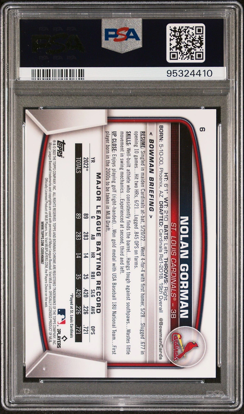 2023 Bowman Mega Box Chrome 6 Nolan Gorman Blue Refractor PSA 10