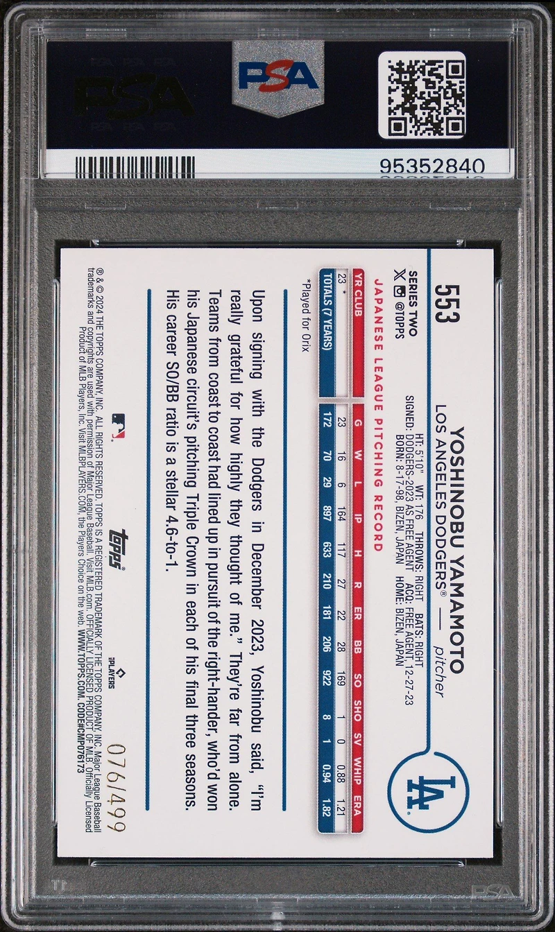 2024 Topps 553 Yoshinobu Yamamoto Green Foil PSA 10