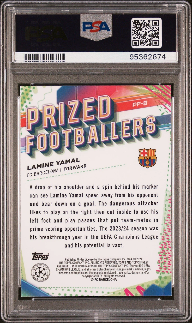 2023-24 Topps Finest Uefa Club Competitions Prized Footballers Pf8 Lamine Yamal PSA 10