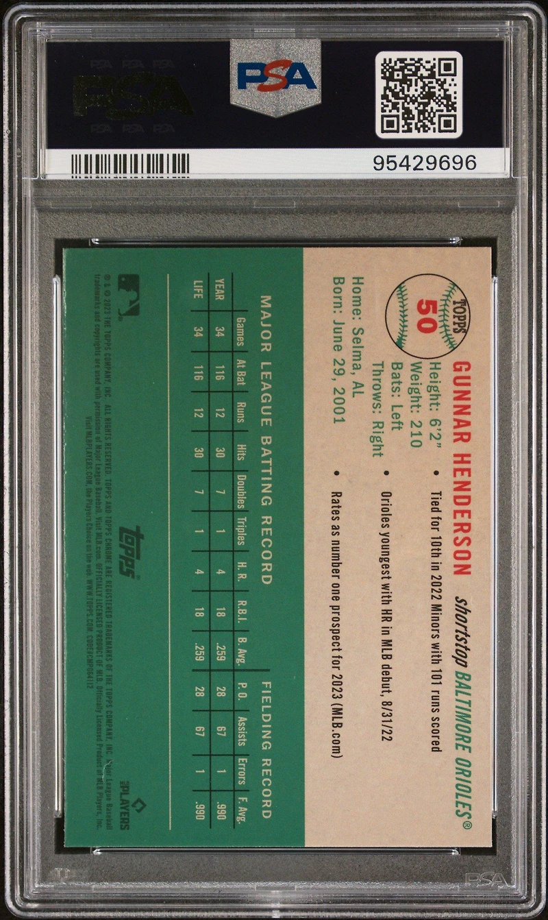 2023 Topps Chrome Platinum Anniversary 50 Gunnar Henderson PSA 10