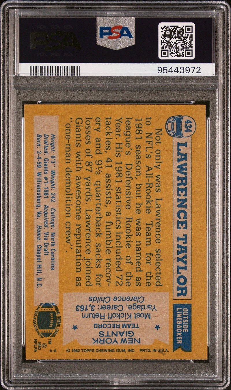 1982 Topps 434 Lawrence Taylor All-pro PSA 8