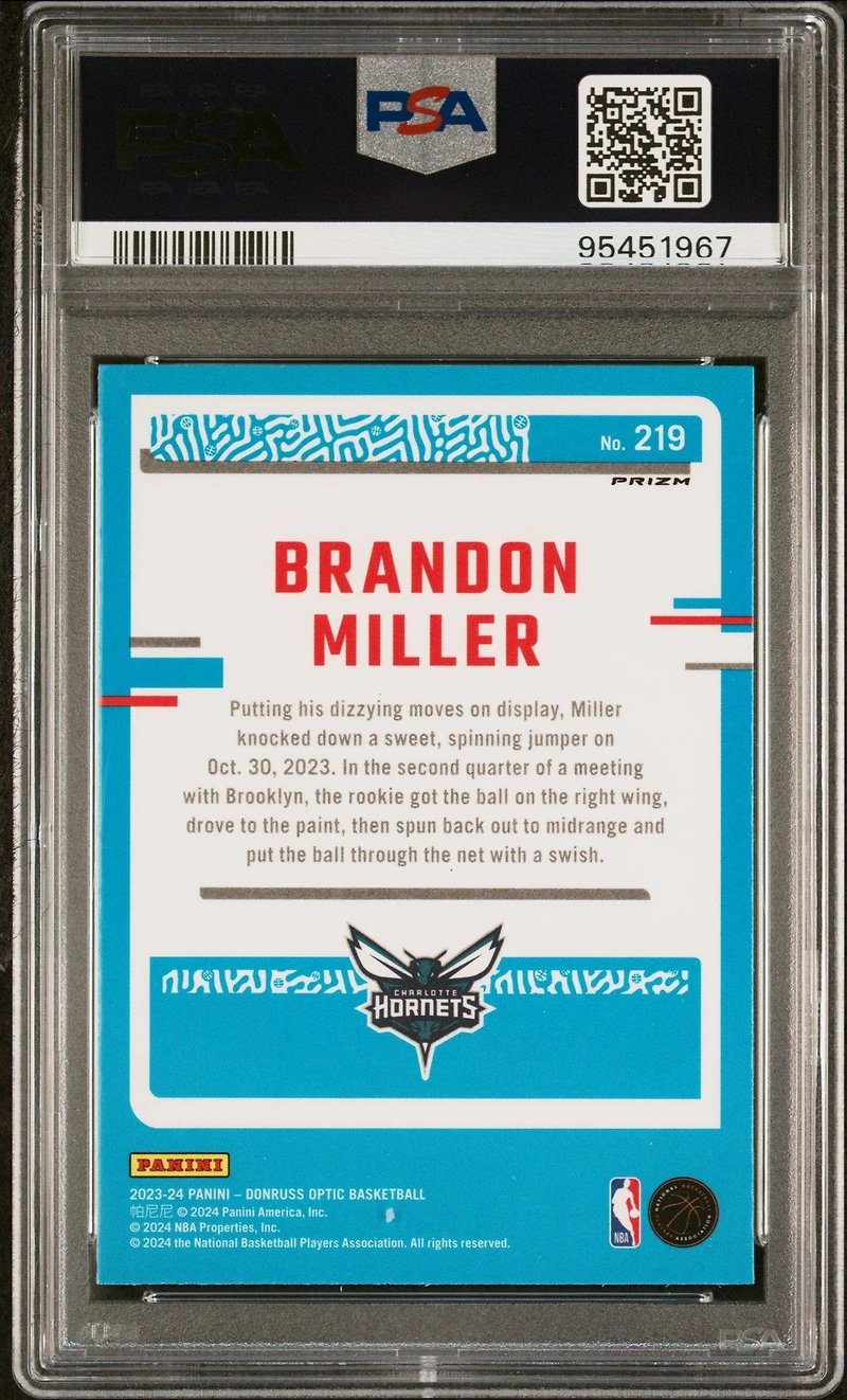2023 Panini Donruss Optic 219 Brandon Miller Blue Velocity PSA 10