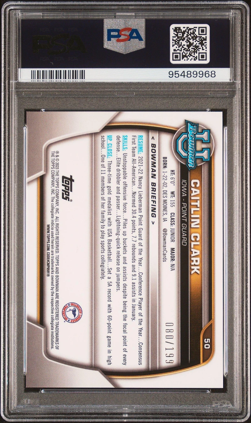 2022 Bowman Chrome University 50 Caitlin Clark Blue Refractor PSA 10