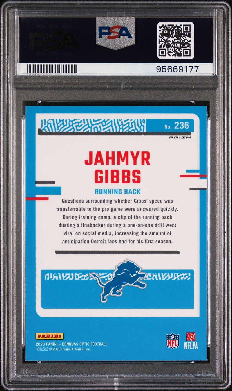 2023 Panini Donruss Optic 236 Jahmyr Gibbs Purple Shock PSA 10