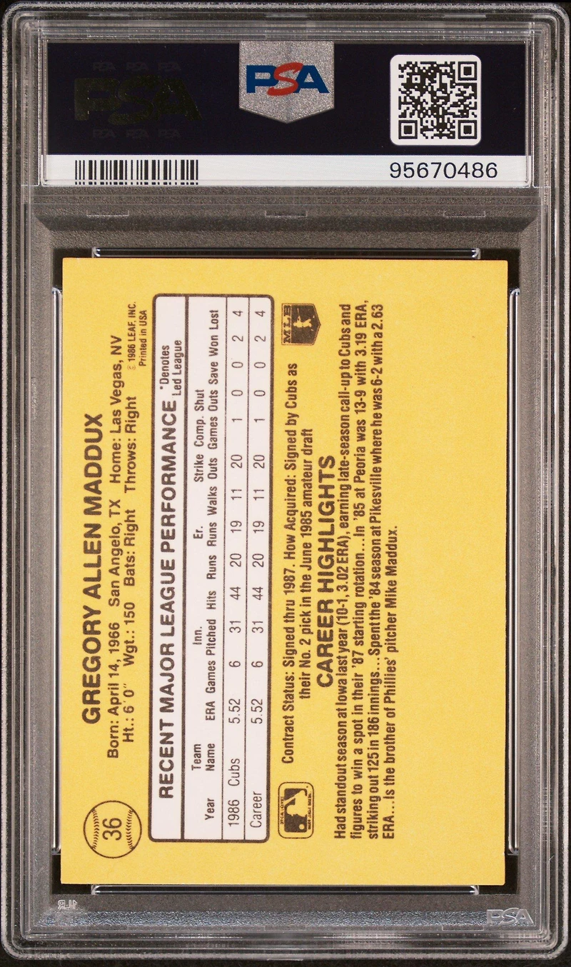1987 Donruss 36 Greg Maddux PSA 9