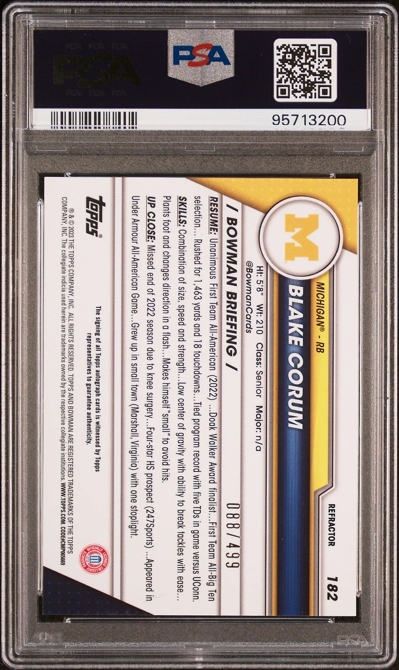 2023 Bowman University Chrome 182 Blake Corum Autograph-refractor PSA 10