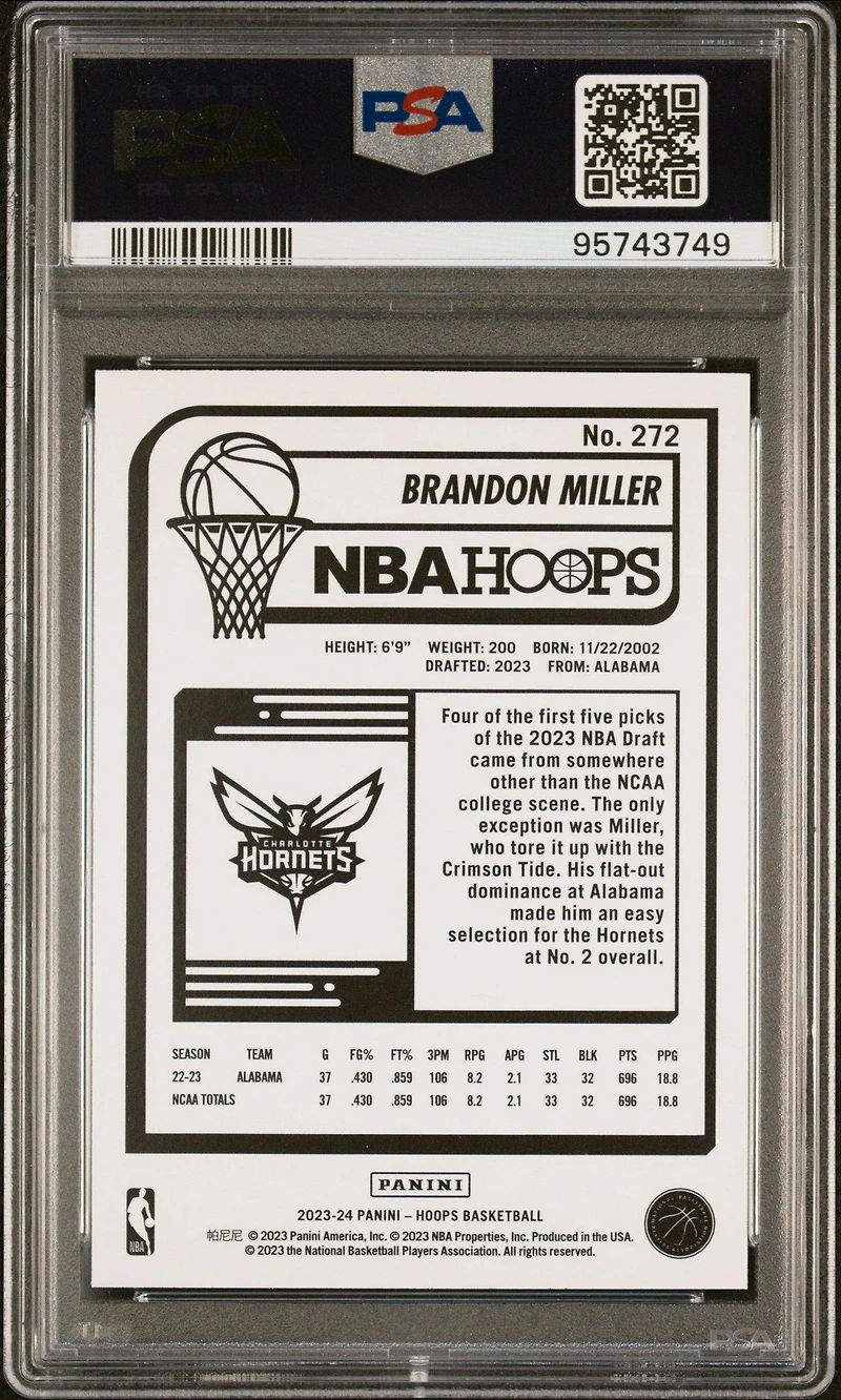2023 Panini Nba Hoops 272 Brandon Miller Hyper Blue PSA 10