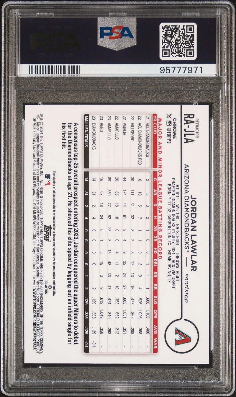 2024 Topps Chrome Rookie Autographs Rajla Jordan Lawlar Refractor PSA 10