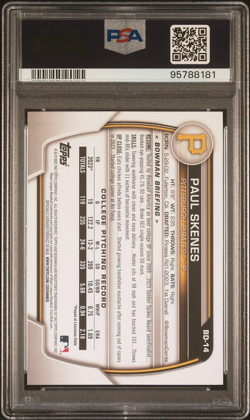 2023 Bowman Draft Bd14 Paul Skenes PSA 10