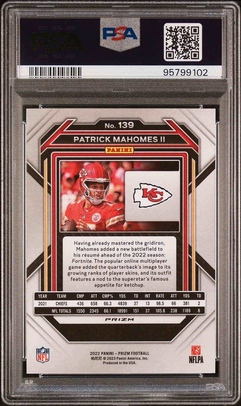 2022 Panini Prizm 139 Patrick Mahomes Ii Light Blue Prizm PSA 10