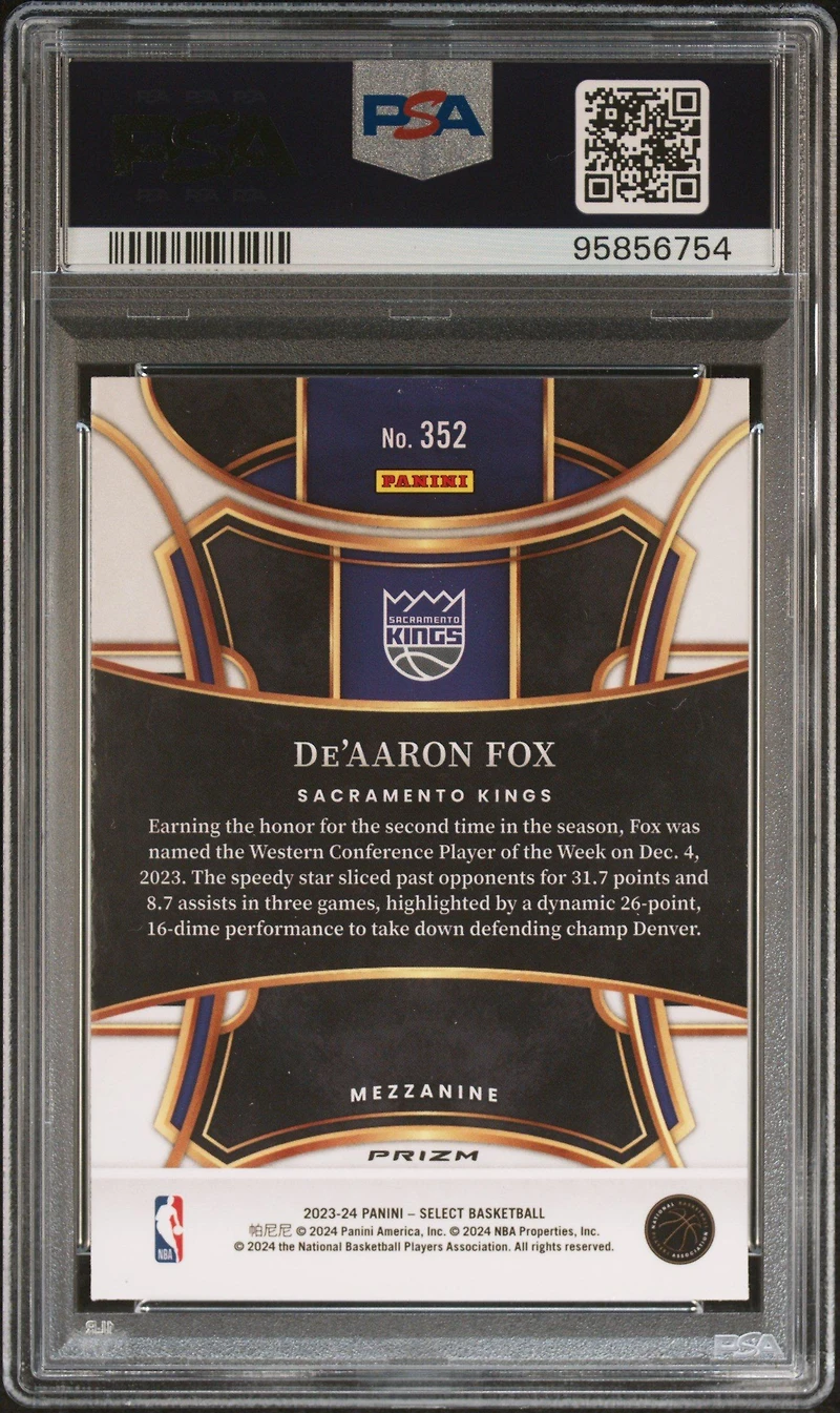 2023 Panini Select 352 De'aaron Fox Tiger Prizm PSA 10