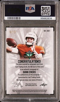 2022 Leaf Valiant Autographs Baqe1 Quinn Ewers Purple Crystal PSA 10