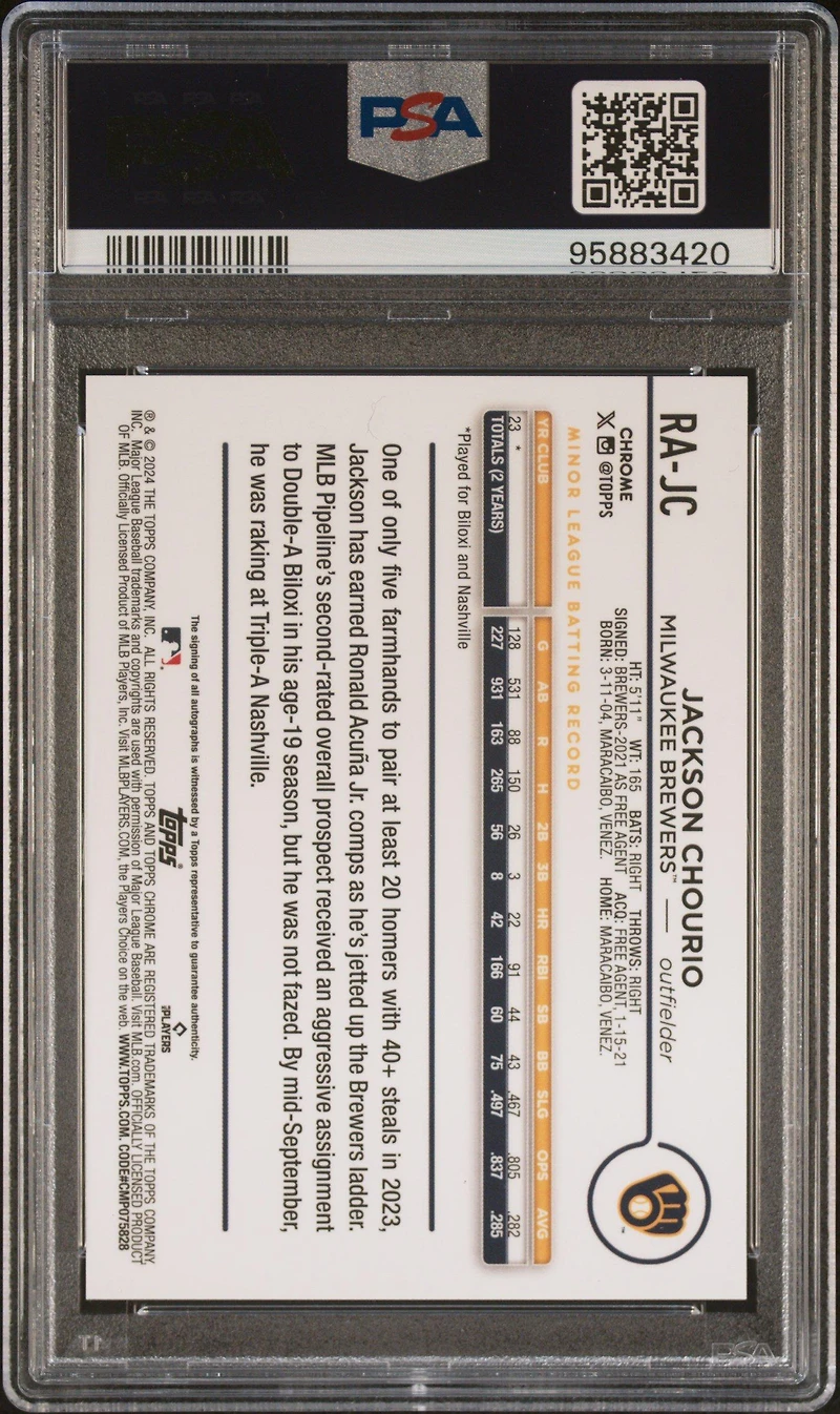 2024 Topps Chrome Rookie Autographs Rajc Jackson Chourio Purple Refractor PSA 9