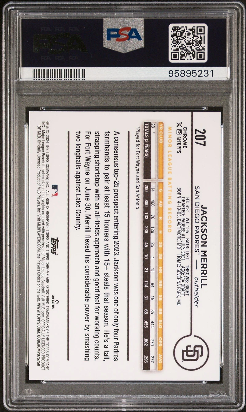 2024 Topps Chrome 207 Jackson Merrill Variation-green Speckle Refractor PSA 10