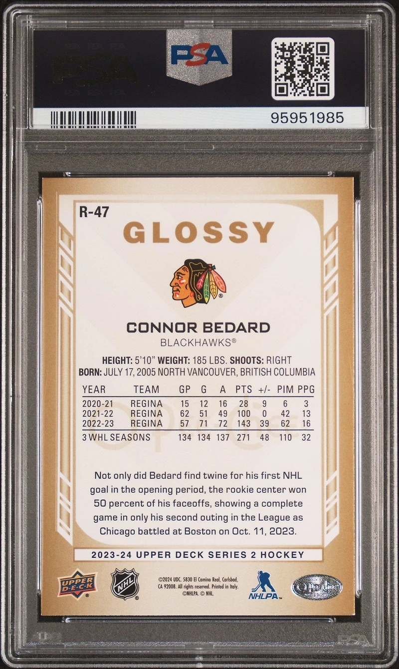 2023 Upper Deck O-pee-chee Glossy R47 Connor Bedard Gold PSA 9