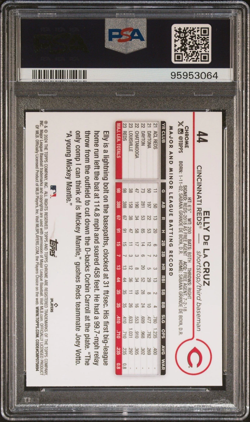 2024 Topps Chrome 44 Elly De La Cruz Magenta Speckle Refractor PSA 10
