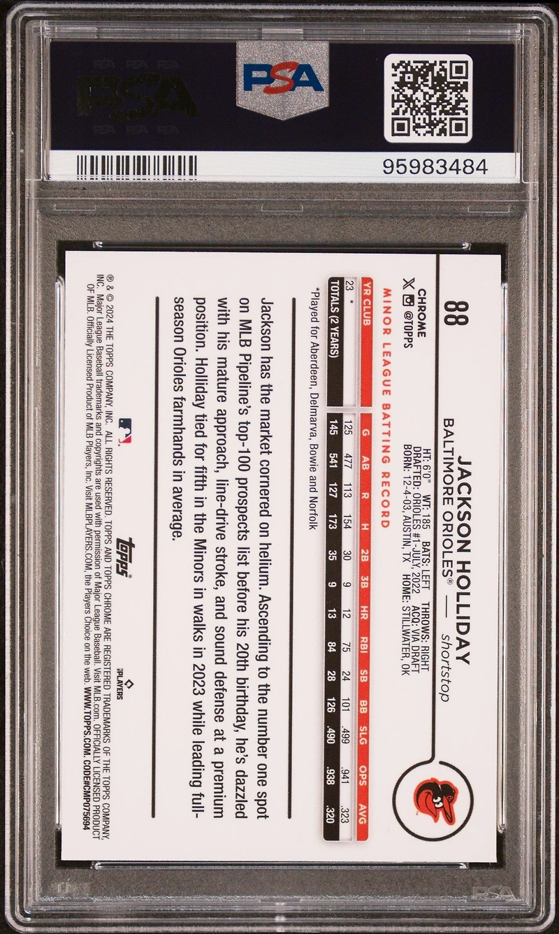 2024 Topps Chrome 88 Jackson Holliday Aqua Lava Refractor PSA 10