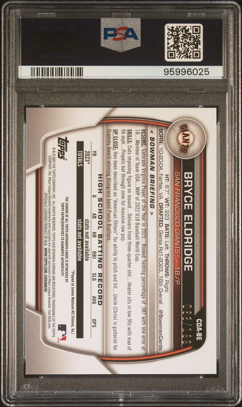 2023 Bowman Draft Chrome Prospect Autograph Cdabe Bryce Eldridge Aqua Lava PSA 10