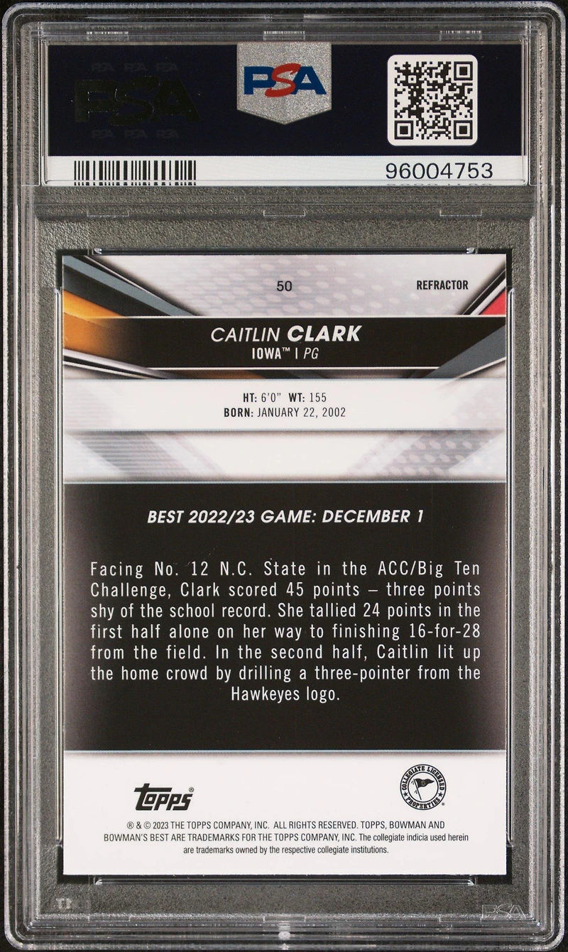 2022 Bowman University Best 50 Caitlin Clark Refractor PSA 10