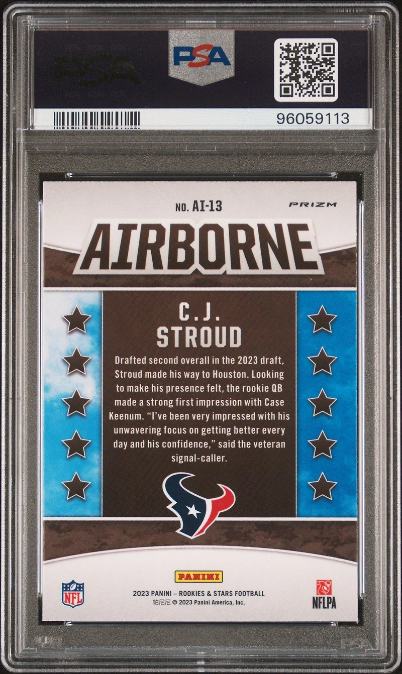 2023 Panini Rookies & Stars Airborne Ai13 Cj Stroud Longevity PSA 10