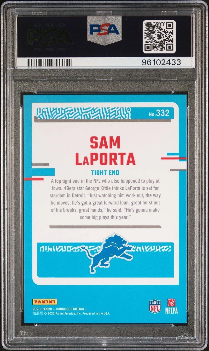 2023 Panini Donruss 332 Sam Laporta Jersey Number PSA 9