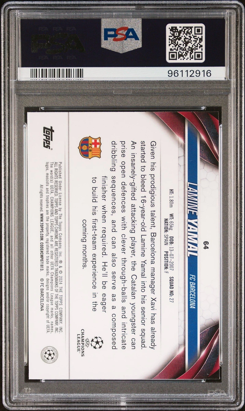 2023-24 Topps Chrome Uefa Club Competitions 64 Lamine Yamal Aqua Prism Refractor PSA 10