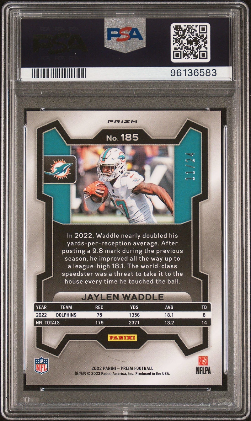 2023 Panini Prizm 185 Jaylen Waddle Gold Sparkle PSA 10