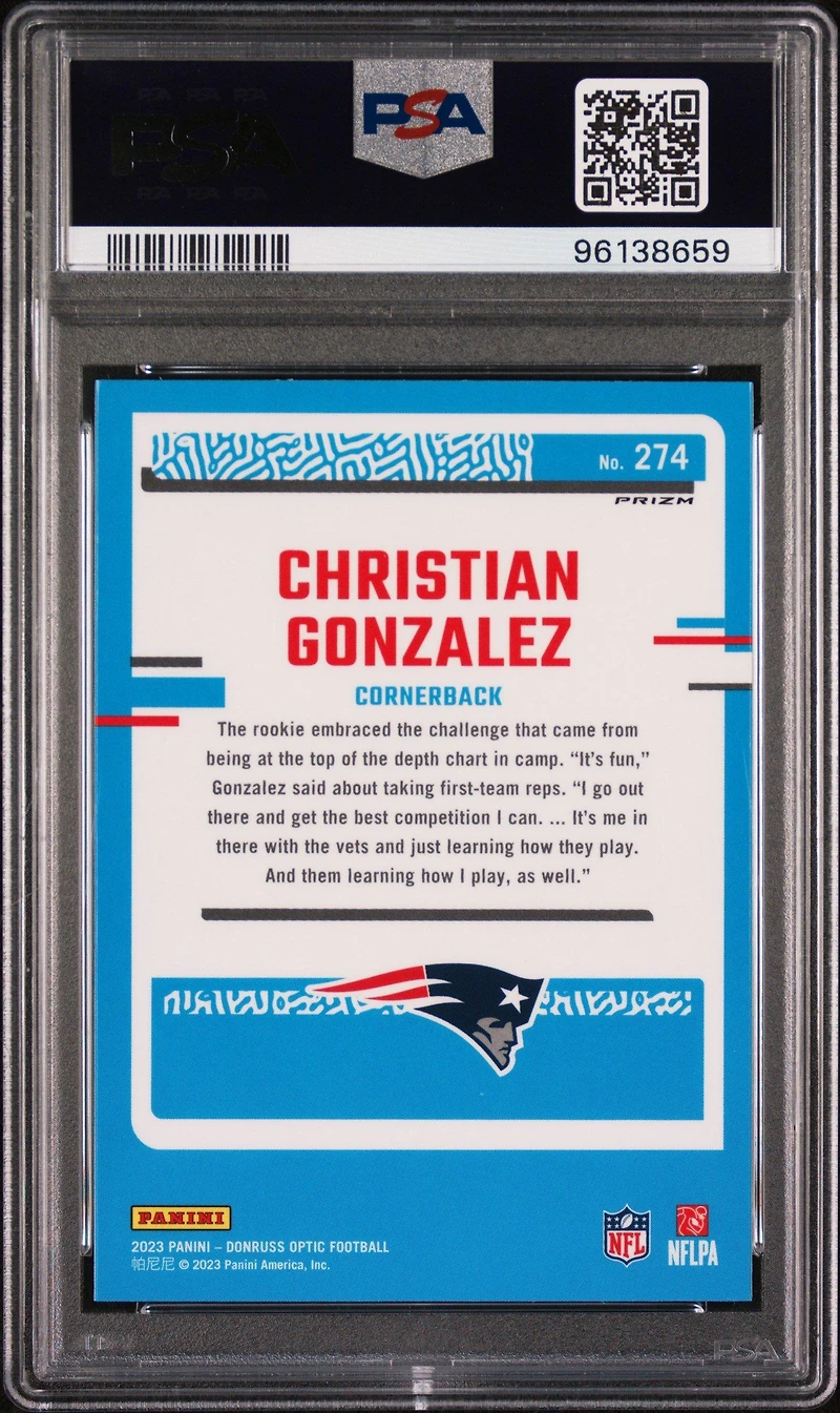 2023 Panini Donruss Optic 274 Christian Gonzalez Blue Hyper PSA 10