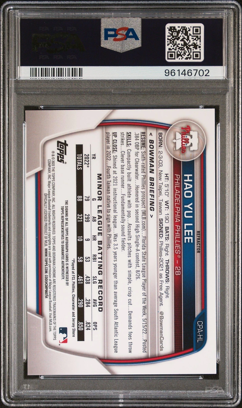 2023 Bowman Chrome Prospect Autographs Cpahl Hao Yu Lee Refractor PSA 9