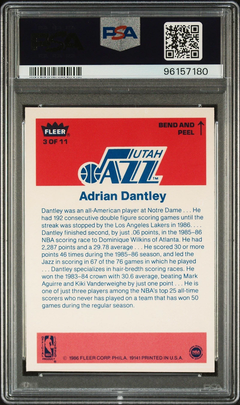 1986 Fleer Sticker 3 Adrian Dantley PSA 9